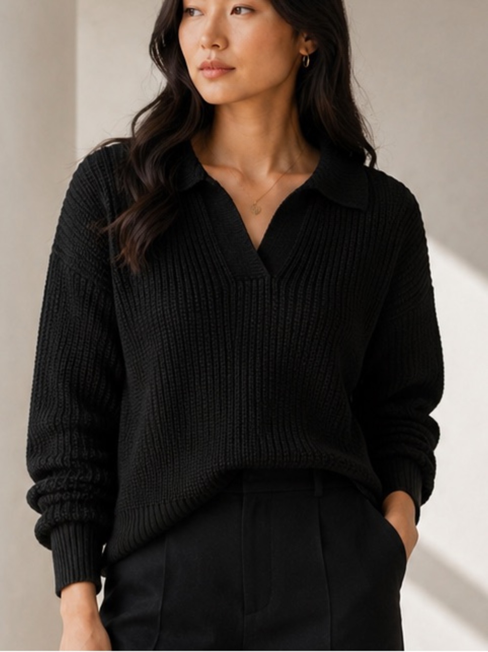 Old Navy Black Rib Knit Polo‎ Collar Sweater Preppy Quiet Luxury Women’s L